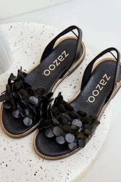 Online Skórzane Sandały Na Płaskim Obcasie 40425 Czarne Damskie Sandały Płaskie