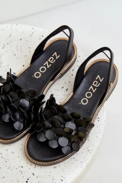Online Skórzane Sandały Na Płaskim Obcasie 40425 Czarne Damskie Sandały Płaskie