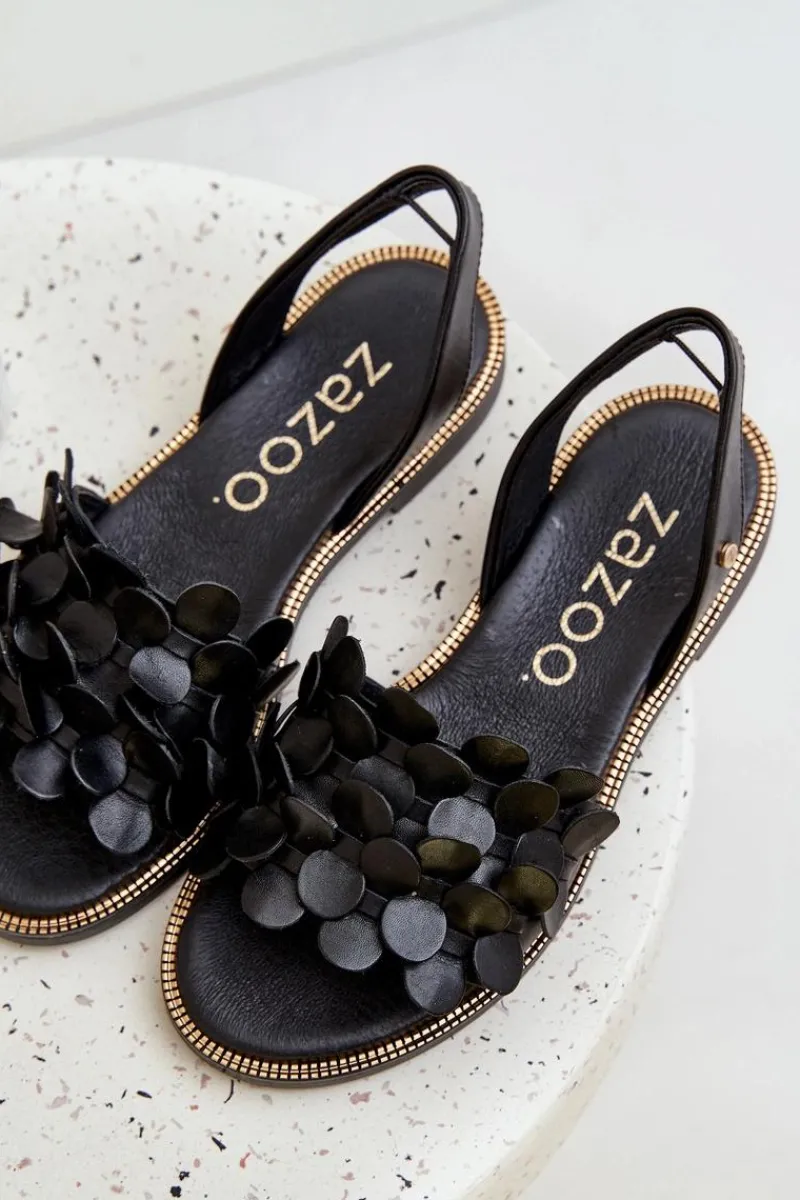 Online Skórzane Sandały Na Płaskim Obcasie 40425 Czarne Damskie Sandały Płaskie