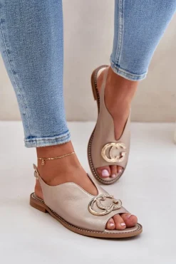 Sandały Płaskie>Laura Messi Skórzane Sandały Na Płaskim Obcasie Z Ozdobą 2865 Złote Złoty