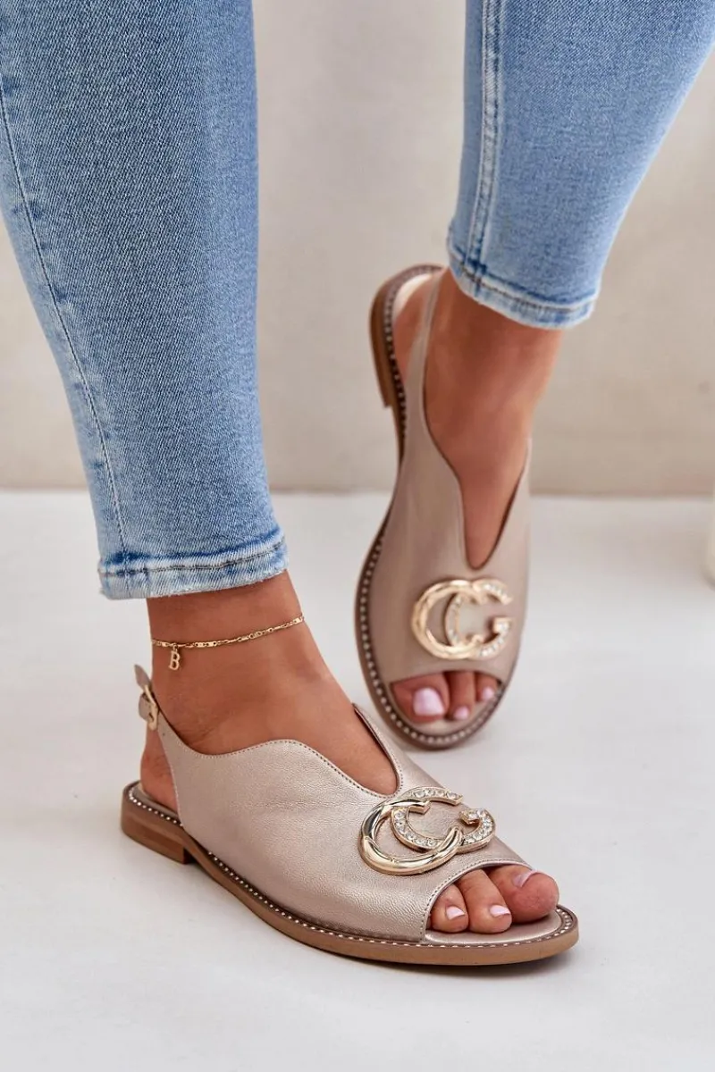 Sandały Płaskie>Laura Messi Skórzane Sandały Na Płaskim Obcasie Z Ozdobą 2865 Złote Złoty