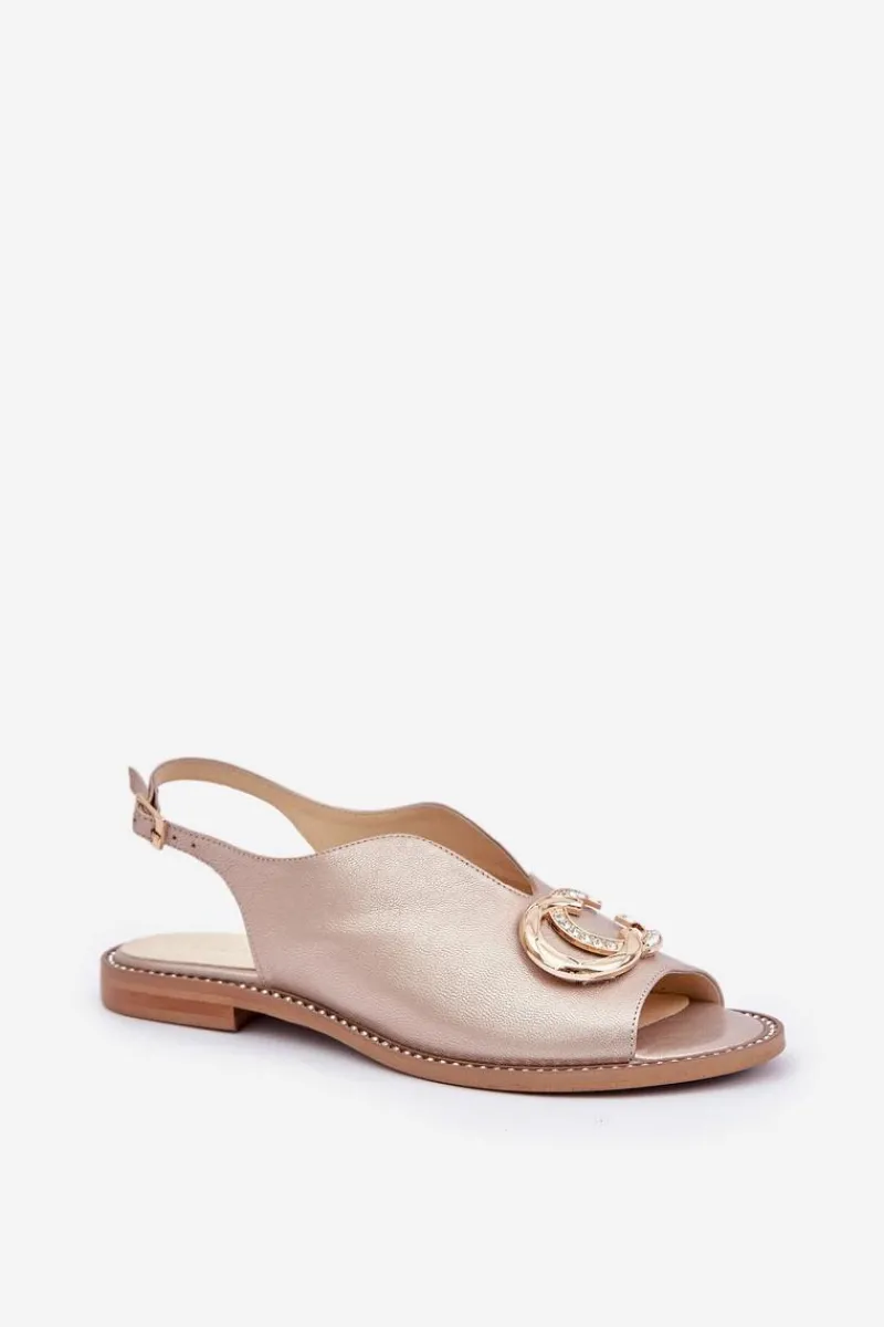 Sandały Płaskie>Laura Messi Skórzane Sandały Na Płaskim Obcasie Z Ozdobą 2865 Złote Złoty