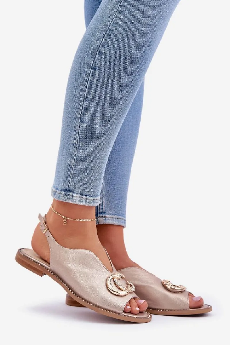 Sandały Płaskie>Laura Messi Skórzane Sandały Na Płaskim Obcasie Z Ozdobą 2865 Złote Złoty