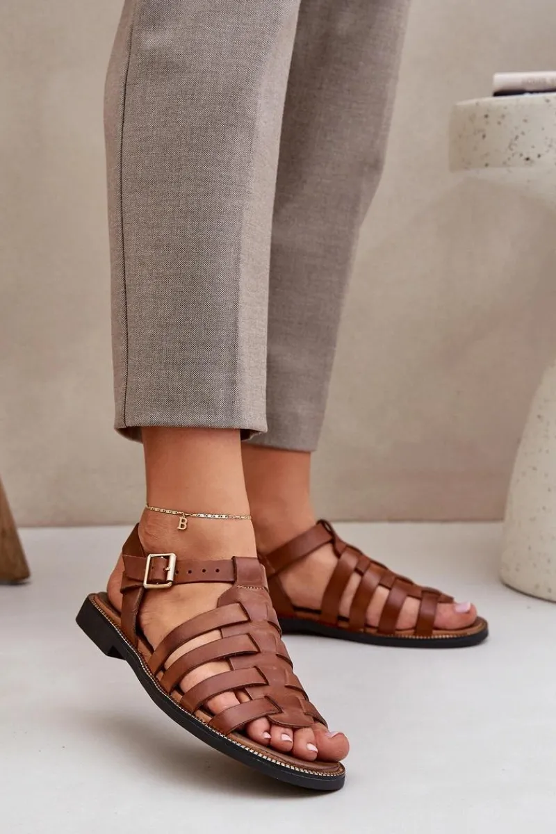 Sandały Płaskie>Boto Skórzane Sandały Na Płaskim Obcasie Zazoo 3686 Camel Brązowy