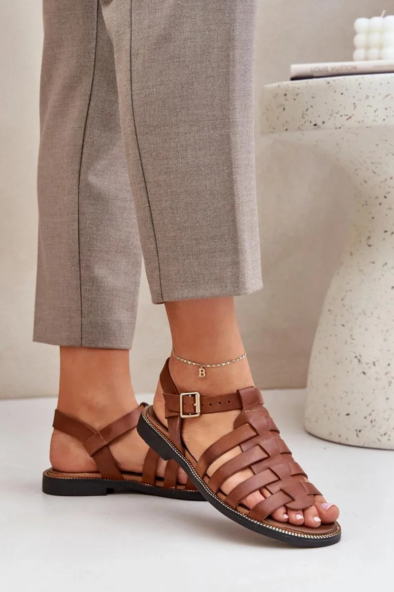 Sandały Płaskie>Boto Skórzane Sandały Na Płaskim Obcasie Zazoo 3686 Camel Brązowy