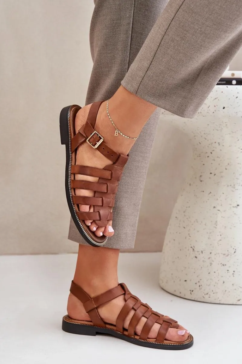 Sandały Płaskie>Boto Skórzane Sandały Na Płaskim Obcasie Zazoo 3686 Camel Brązowy