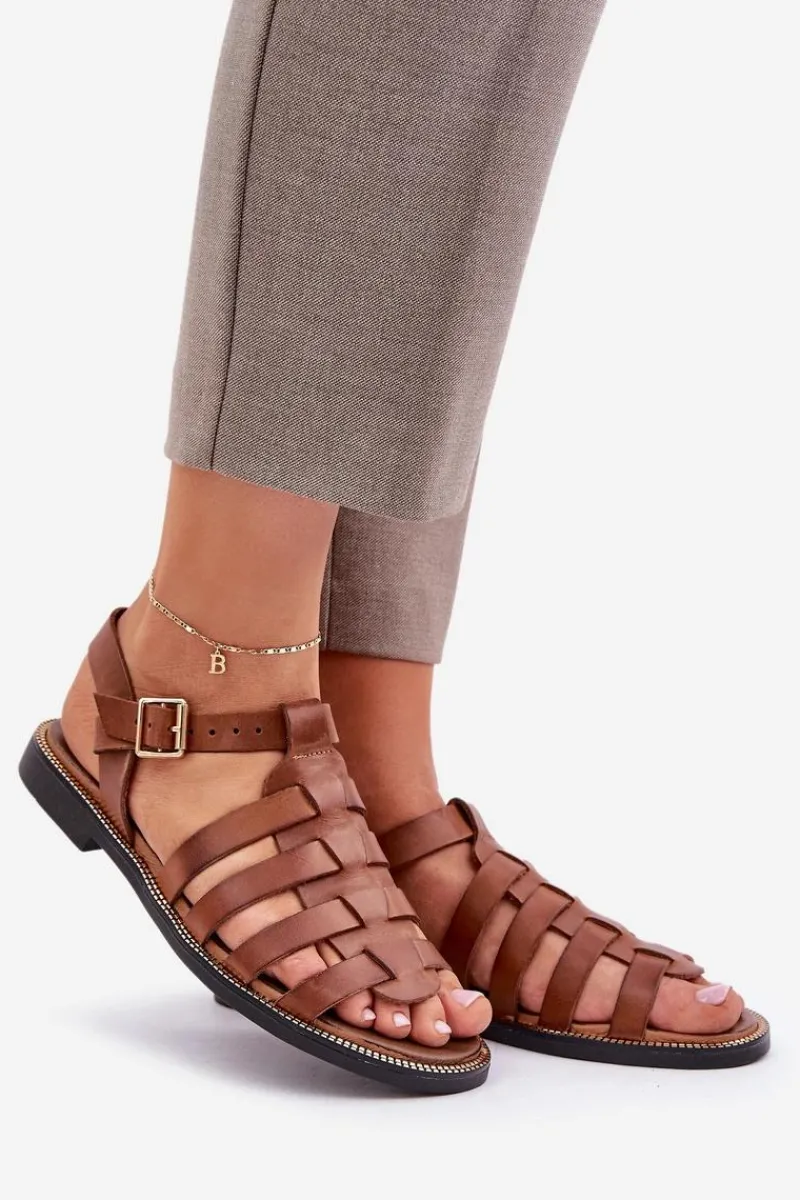 Sandały Płaskie>Boto Skórzane Sandały Na Płaskim Obcasie Zazoo 3686 Camel Brązowy