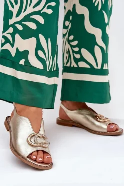 Sale Skórzane Sandały Na Płaskim Obcasie Z Ozdobą 2865 Złote Damskie Sandały Płaskie