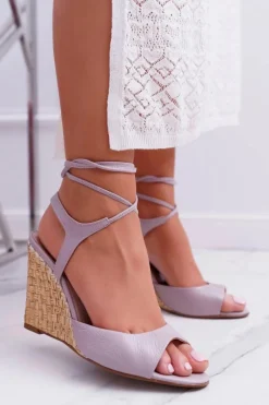 Discount Skórzane Sandały Na Plecionym Koturnie 1944 Jasny Fiolet Damskie Sandały Na Koturnie