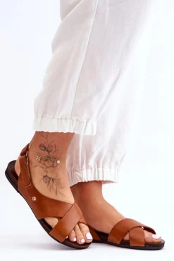 Sandały Płaskie></noscript>Zazoo Skórzane Sandały Na Rzep Brązowe Lemar Addison Brązowy