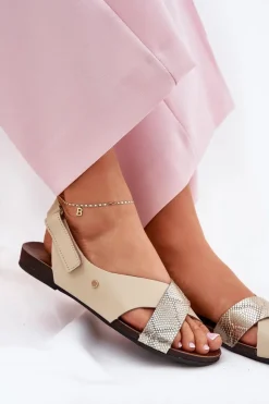 Sale Skórzane Sandały Na Rzep 40141 Beżowo-Złote Damskie Sandały Płaskie