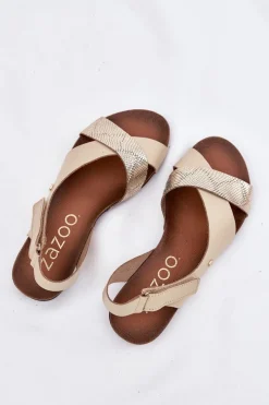 Sale Skórzane Sandały Na Rzep 40141 Beżowo-Złote Damskie Sandały Płaskie