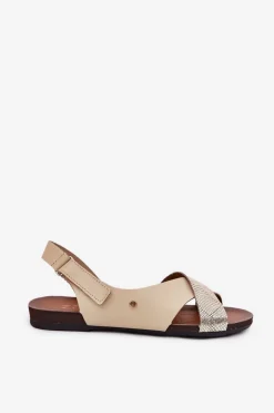 Sale Skórzane Sandały Na Rzep 40141 Beżowo-Złote Damskie Sandały Płaskie