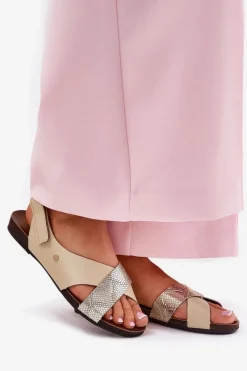 Sale Skórzane Sandały Na Rzep 40141 Beżowo-Złote Damskie Sandały Płaskie