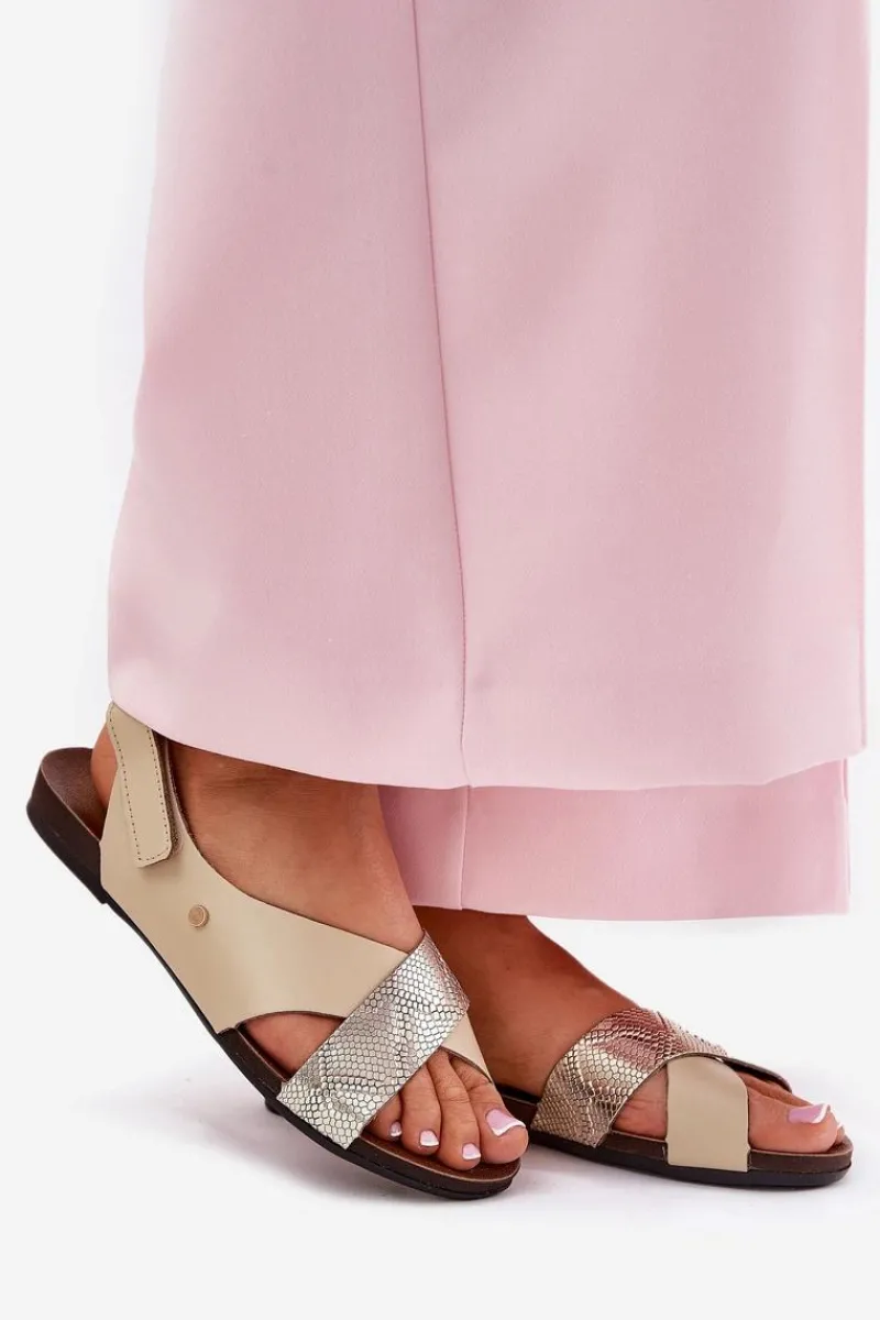 Sale Skórzane Sandały Na Rzep 40141 Beżowo-Złote Damskie Sandały Płaskie