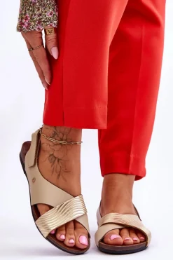 Sandały Płaskie>Zazoo Skórzane Sandały Na Rzep Złoto-Beżowe Lemar Addison