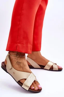 Sandały Płaskie></noscript>Zazoo Skórzane Sandały Na Rzep Złoto-Beżowe Lemar Addison