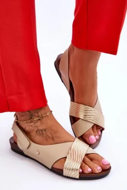 Sandały Płaskie></noscript>Zazoo Skórzane Sandały Na Rzep Złoto-Beżowe Lemar Addison