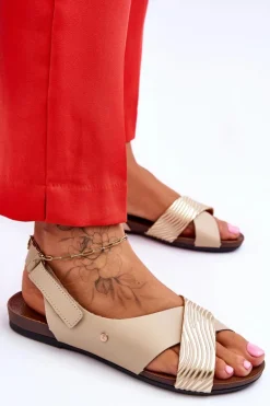 Sandały Płaskie></noscript>Zazoo Skórzane Sandały Na Rzep Złoto-Beżowe Lemar Addison