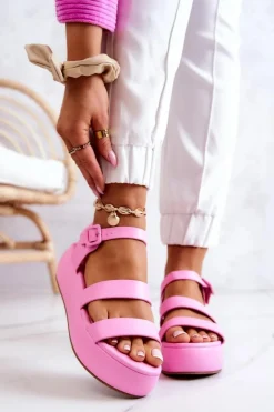 Sandały Na Koturnie>Boto Skórzane Sandały Na Sprzączkę Różowe Graceful