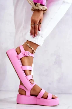 Sandały Na Koturnie>Boto Skórzane Sandały Na Sprzączkę Różowe Graceful