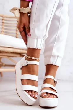 Best Skórzane Sandały Na Sprzączkę Białe Graceful Damskie Sandały Na Koturnie