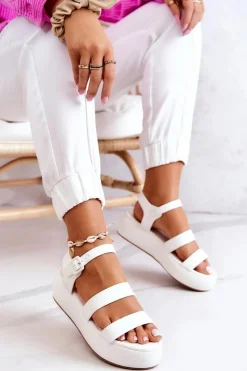 Best Skórzane Sandały Na Sprzączkę Białe Graceful Damskie Sandały Na Koturnie
