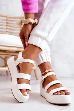 Best Skórzane Sandały Na Sprzączkę Białe Graceful Damskie Sandały Na Koturnie