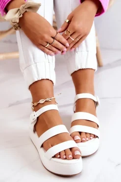 Best Skórzane Sandały Na Sprzączkę Białe Graceful Damskie Sandały Na Koturnie