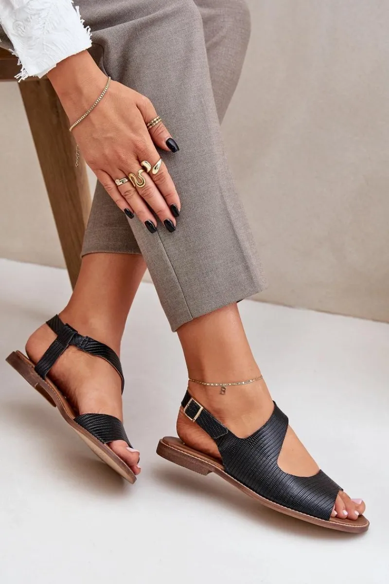 Sandały Płaskie>Boto Skórzane Sandały Na Sprzączkę Z Tłoczeniem Lewski 3041 Czarne Czarny