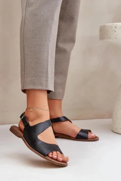 Sandały Płaskie>Boto Skórzane Sandały Na Sprzączkę Z Tłoczeniem Lewski 3041 Czarne Czarny