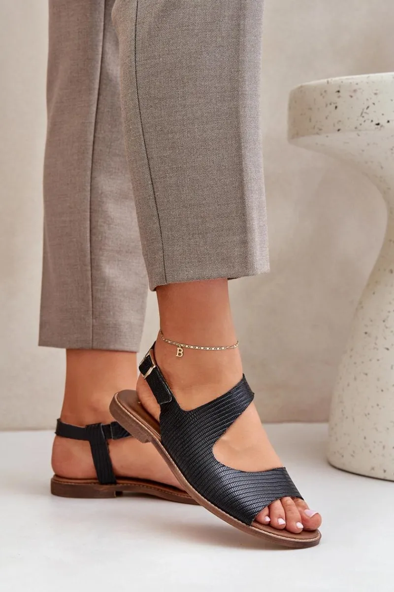 Sandały Płaskie>Boto Skórzane Sandały Na Sprzączkę Z Tłoczeniem Lewski 3041 Czarne Czarny