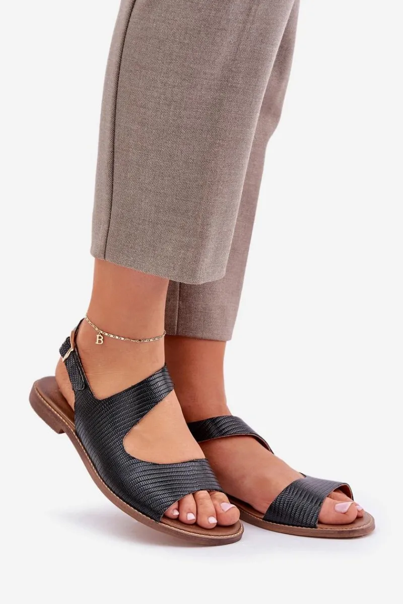 Sandały Płaskie>Boto Skórzane Sandały Na Sprzączkę Z Tłoczeniem Lewski 3041 Czarne Czarny