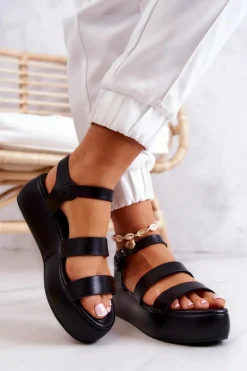 Online Skórzane Sandały Na Sprzączkę Czarne Graceful Damskie Sandały Na Koturnie