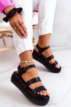 Online Skórzane Sandały Na Sprzączkę Czarne Graceful Damskie Sandały Na Koturnie