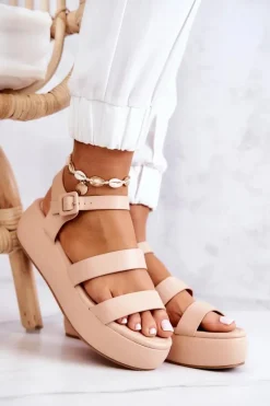 New Boto Skórzane Sandały Na Sprzączkę Beżowe Graceful