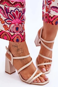 Hot Boto Skórzane Sandały Na Słupku Beżowe Florentina Beżowy