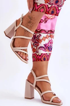 Hot Boto Skórzane Sandały Na Słupku Beżowe Florentina Beżowy