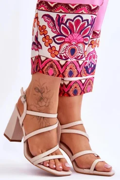 Hot Boto Skórzane Sandały Na Słupku Beżowe Florentina Beżowy