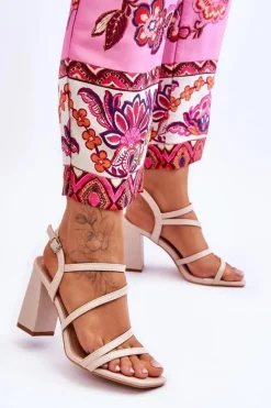 Hot Boto Skórzane Sandały Na Słupku Beżowe Florentina Beżowy