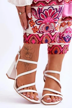 Sale Skórzane Sandały Na Słupku Białe Florentina Damskie Sandały Na Obcasie