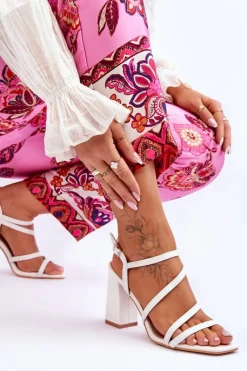 Sale Skórzane Sandały Na Słupku Białe Florentina Damskie Sandały Na Obcasie