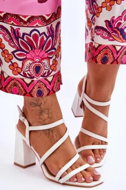 Sale Skórzane Sandały Na Słupku Białe Florentina Damskie Sandały Na Obcasie