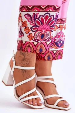 Sale Skórzane Sandały Na Słupku Białe Florentina Damskie Sandały Na Obcasie