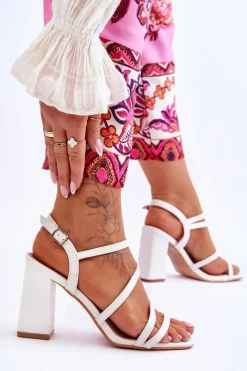Sale Skórzane Sandały Na Słupku Białe Florentina Damskie Sandały Na Obcasie