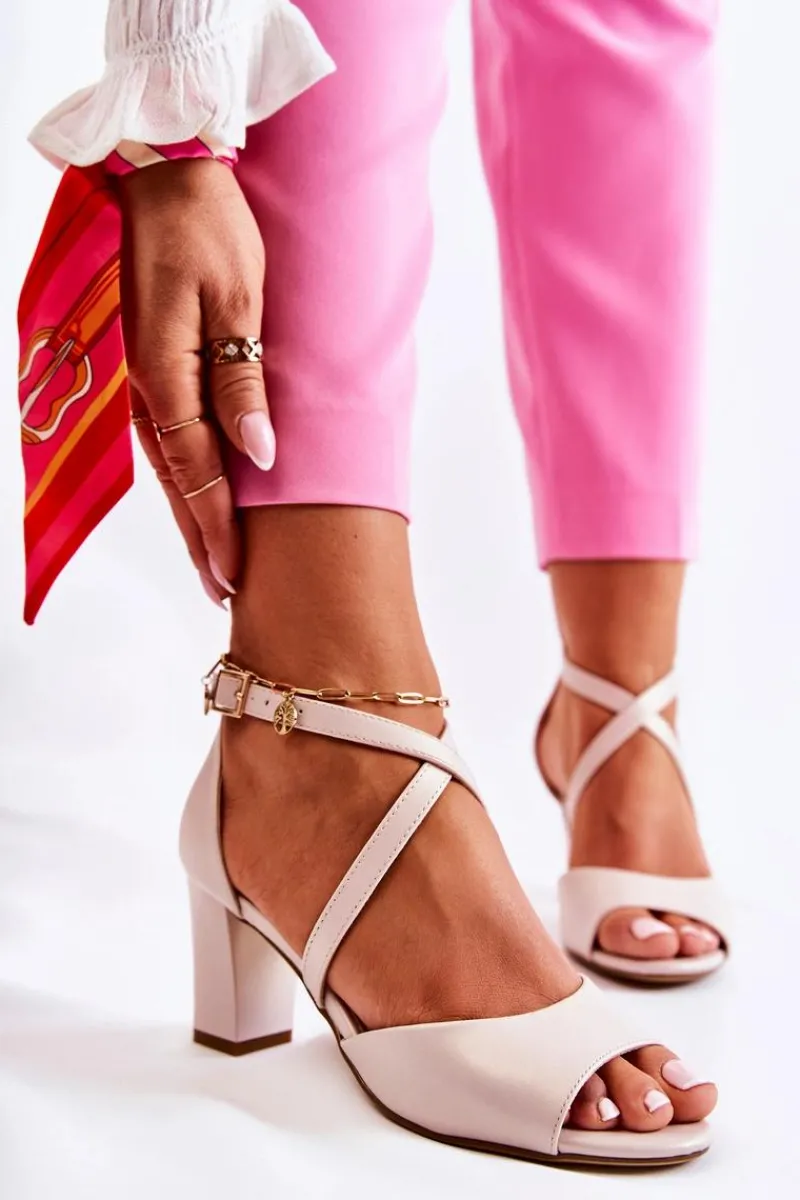 Discount Skórzane Sandały Na Słupku Beżowe Damess Damskie Sandały Na Słupku|Sandały Na Obcasie