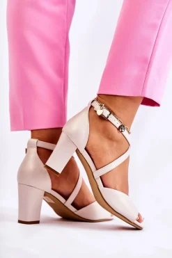 Discount Skórzane Sandały Na Słupku Beżowe Damess Damskie Sandały Na Słupku|Sandały Na Obcasie