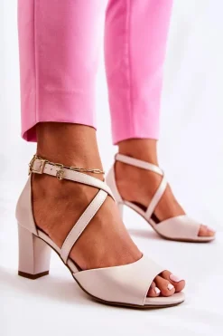 Discount Skórzane Sandały Na Słupku Beżowe Damess Damskie Sandały Na Słupku|Sandały Na Obcasie