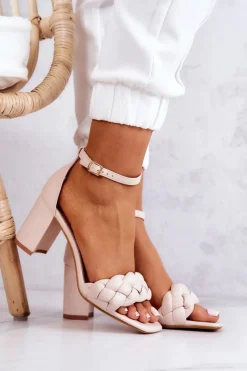 Sale Skórzane Sandały Na Słupku Beżowe Lorelei Damskie Sandały Na Obcasie