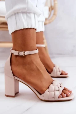 Sale Skórzane Sandały Na Słupku Beżowe Lorelei Damskie Sandały Na Obcasie